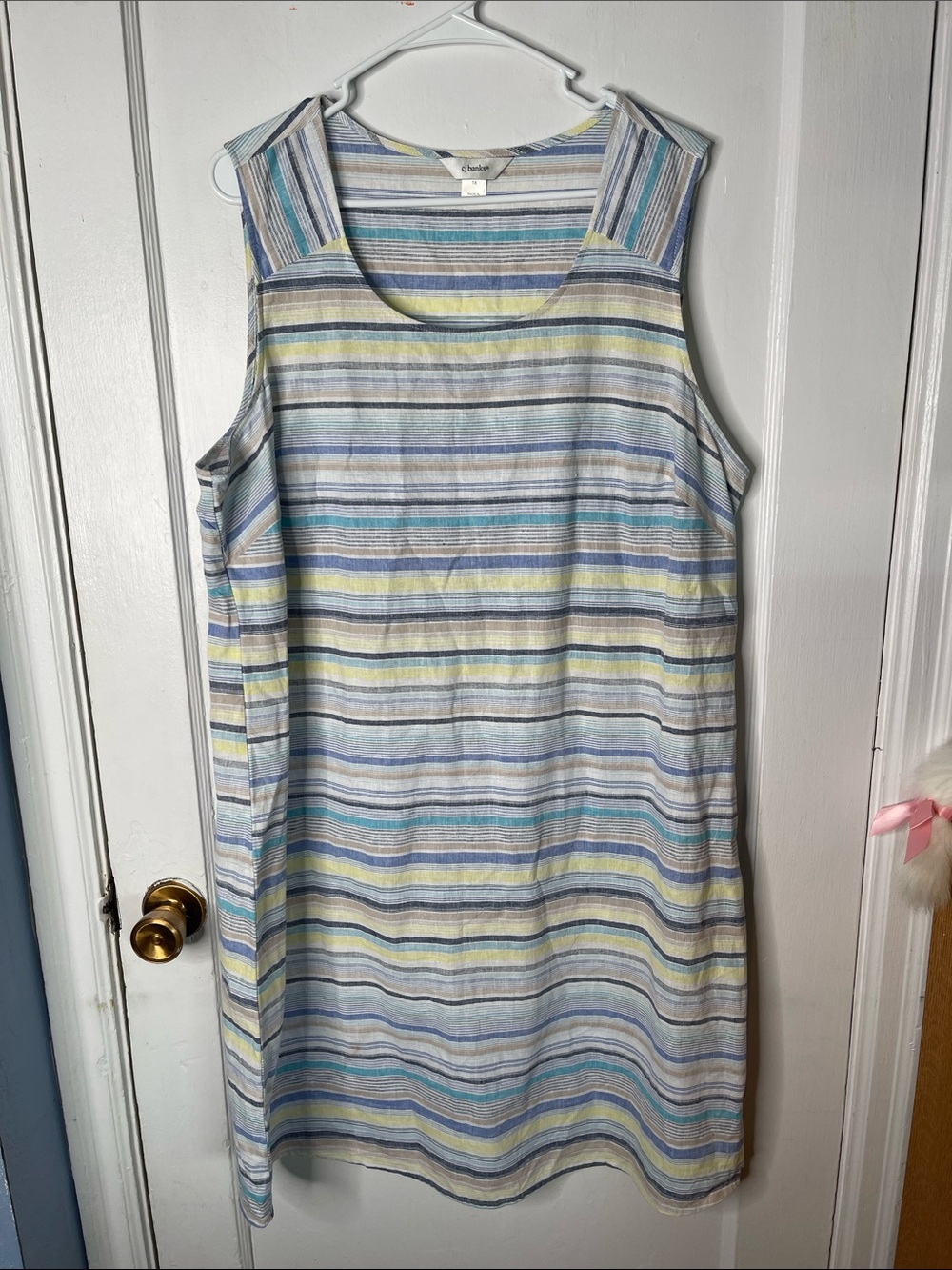 CJ Banks 1X Dress Striped Sheath Sleeveless Linen Cotton Women’s Plus Size